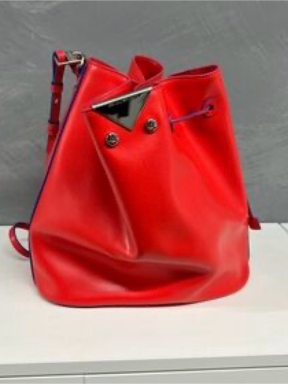 Emporio Armani Red Leather Drawstring Bucket Tote